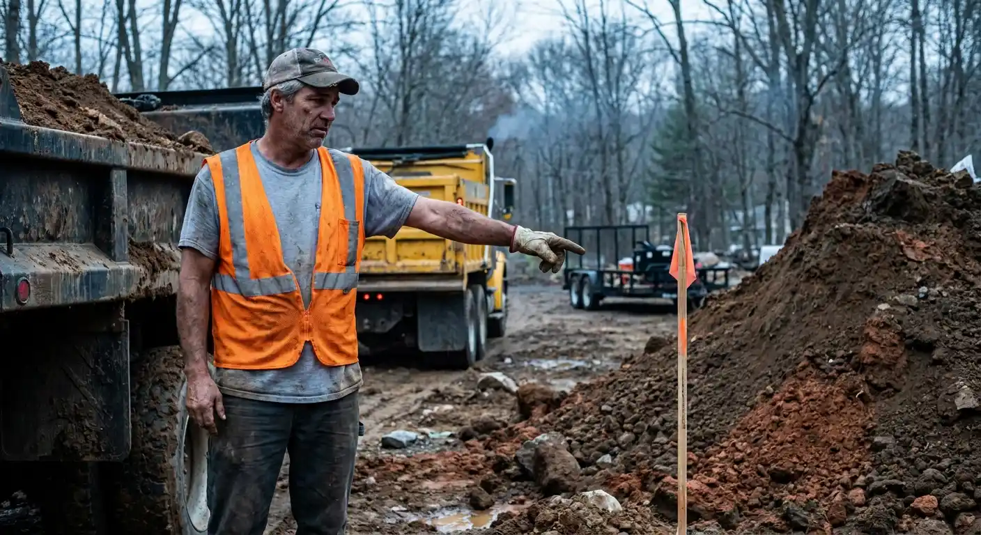 Dump truck loaded with excavated soil backing up to a disposal site in Connecticut.
