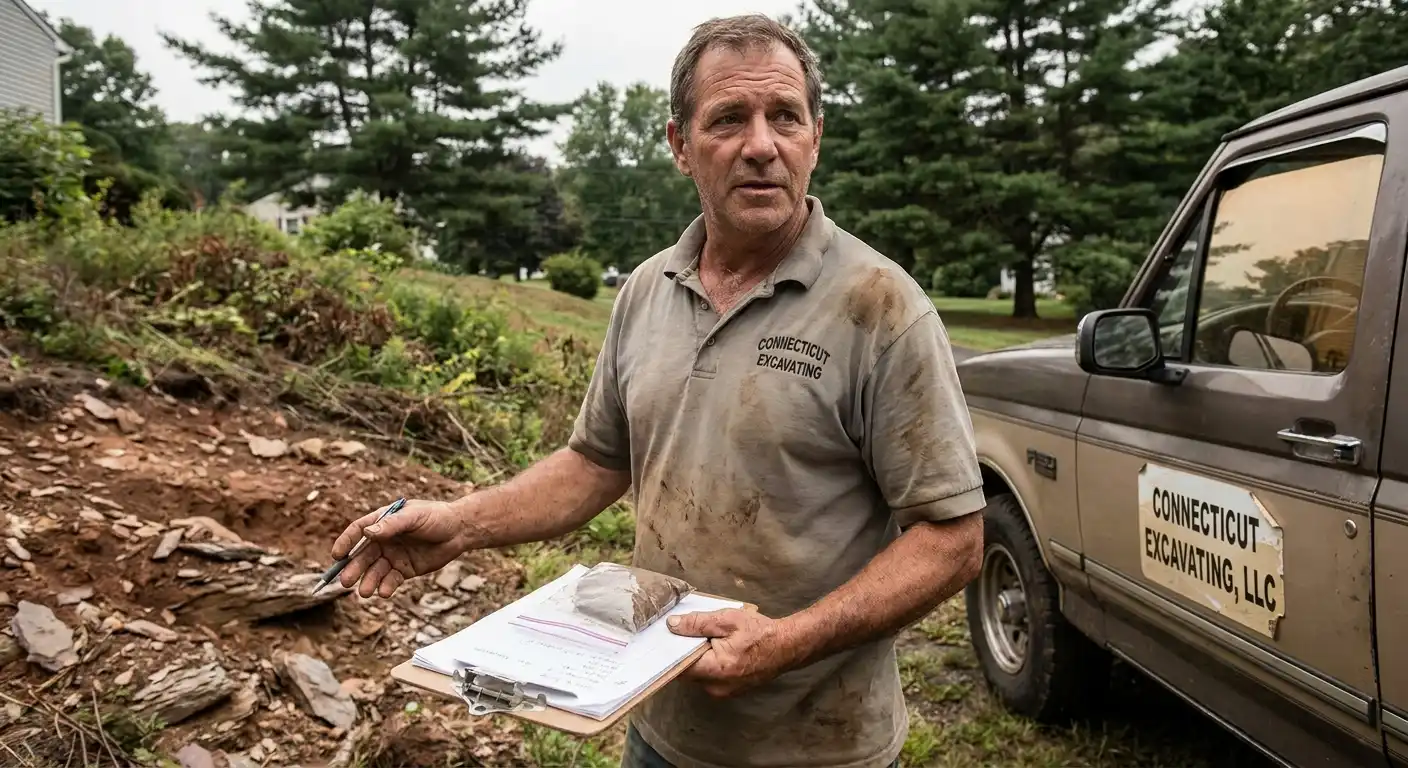 Excavation contractor measuring and assessing Connecticut property with surveying equipment and clipboard.