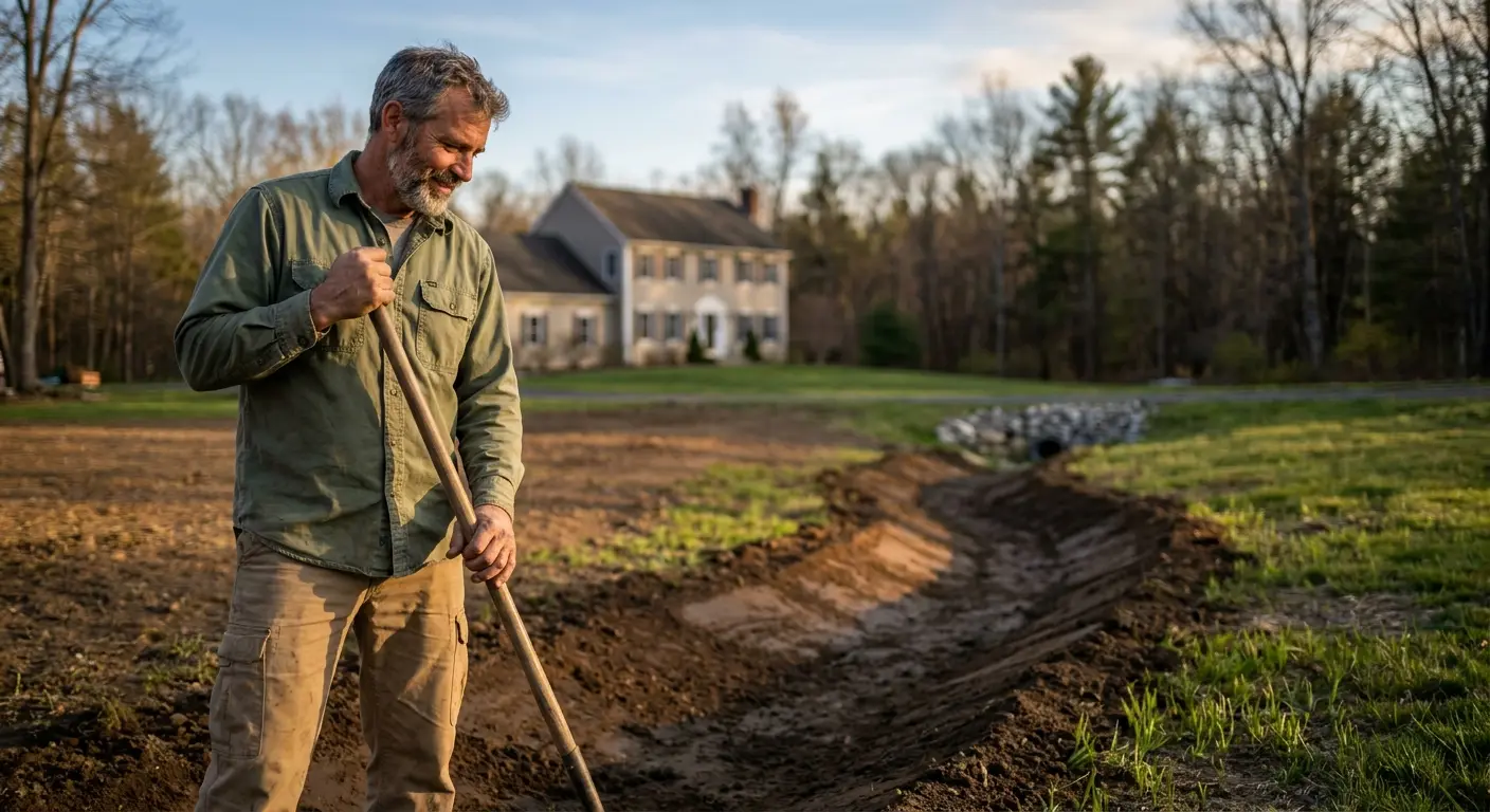 Shallow vegetated swale channel directing water flow across a residential yard in Connecticut.