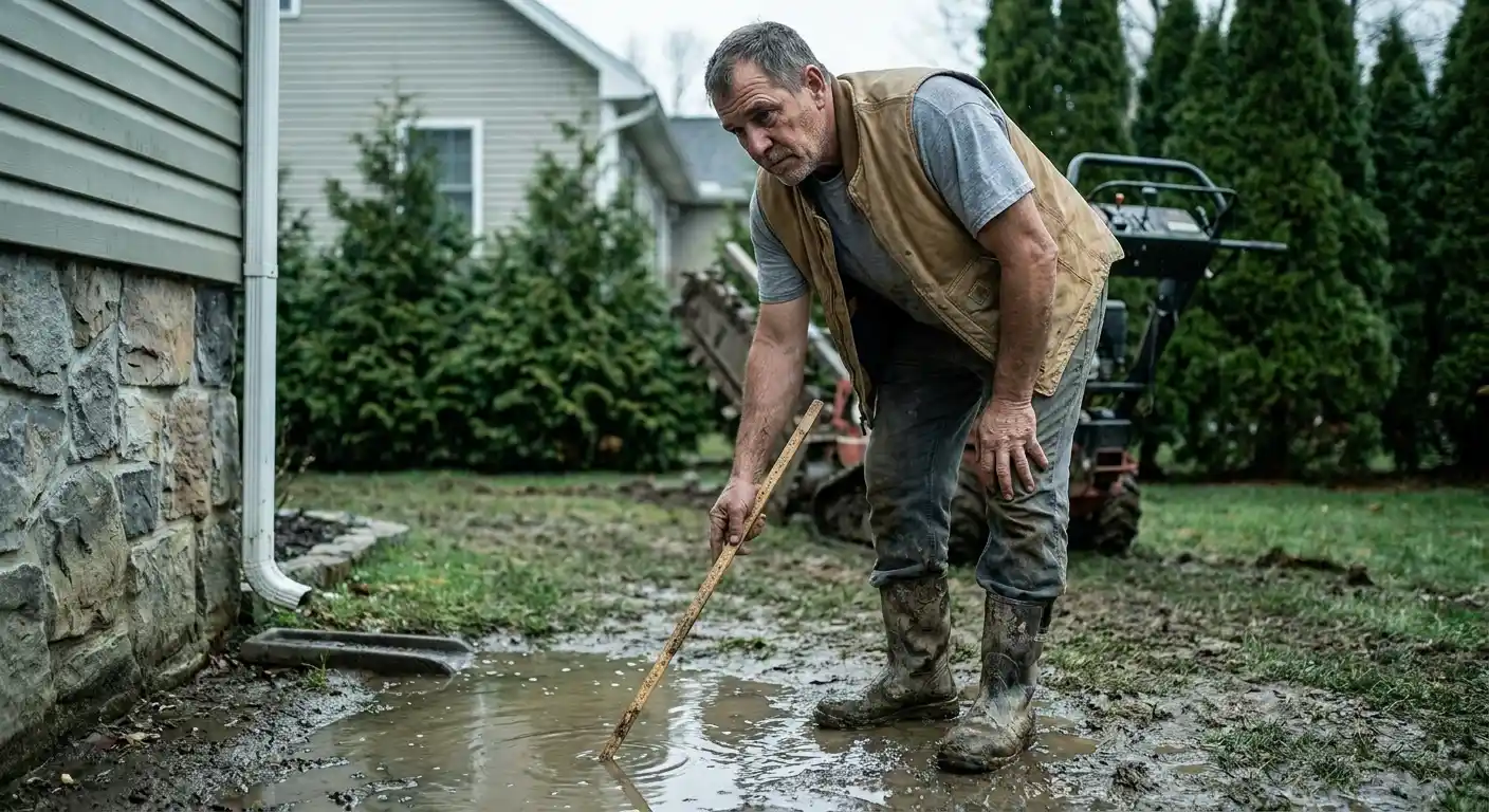 Professional contractor using excavation equipment to install underground drain pipe in Connecticut residential yard.