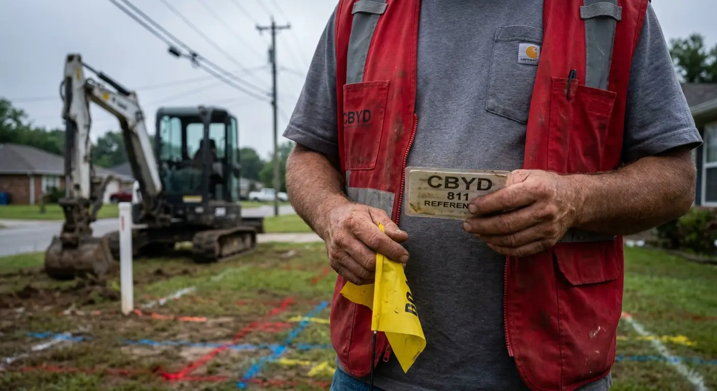 Homeowner dialing 811 phone number at desk before starting Connecticut excavation project.