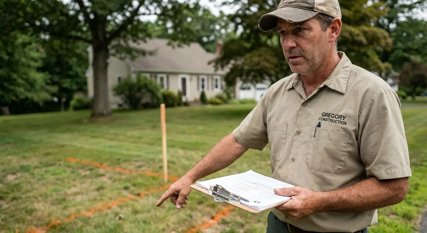 Licensed Connecticut contractor reviewing excavation permit documents with homeowner at job site.